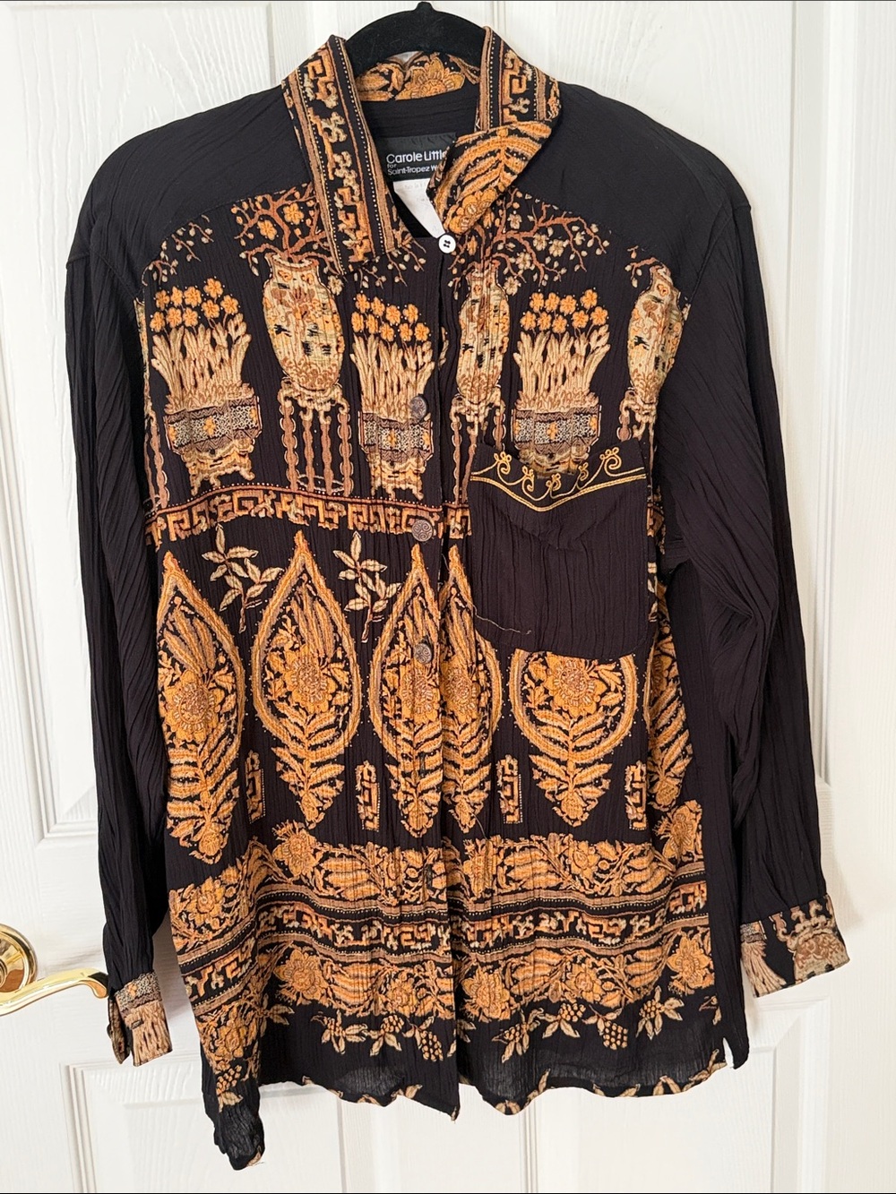 Vintage Carole Little Saint-Tropez West Black Gold Baroque Boho Blouse. size 10